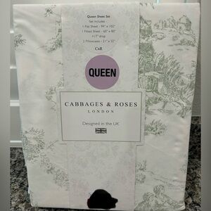 Cabbages and Roses London Queen Sheet Set Country Toile Sage Green 💯 Cotton